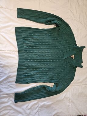 White Stag Sweatshirt Womens Green Cable Knit Long Sleeve Size L Large Collared